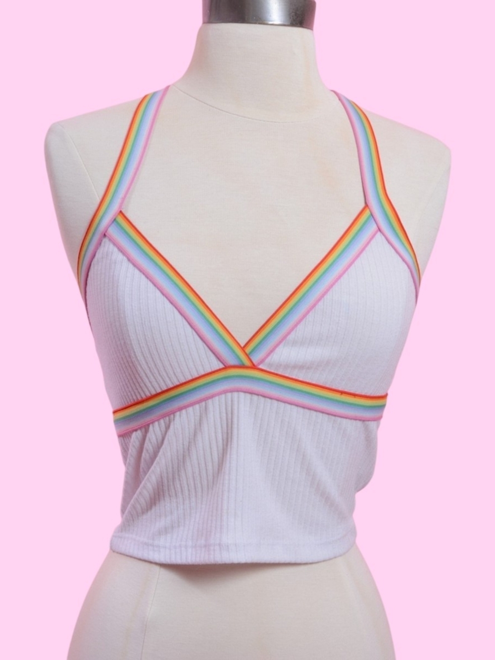Forever 21 White Ribbed Rainbow-Trim Halter Crop Top